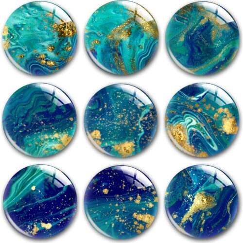 Water color glass cabochon,Blue Green and yellow color marble patterns Round photo glass cabochon demo flat back Making findings