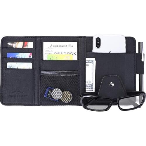 PU Leather Car Sun Visor Organizer Bag Multi-Function Sun Visor Cover with Zipper Card Slots Smart Phone Storage Pouch Sunglass