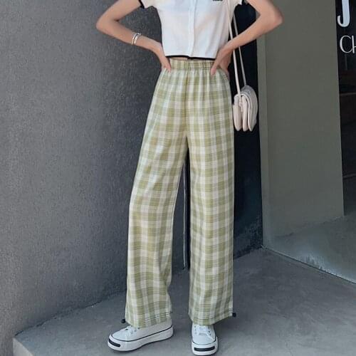 Plaid Elastic Waist Pants Leggings Women Straight Harem Pants Casual Women Trousers Wide Leg Pants