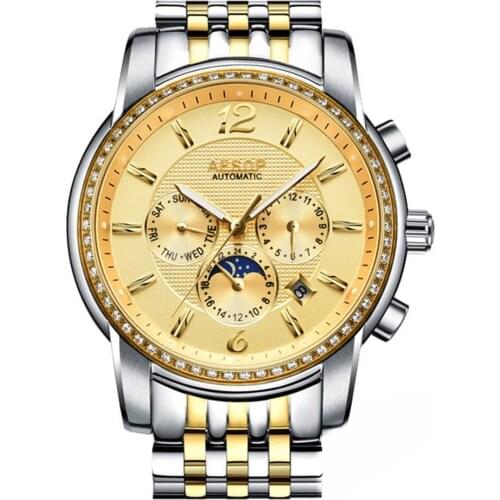 AESOP Brand Luxury Men Watches Automatic Black Watch Man Stainless Steel Waterproof Business Sport Clock Mechanical Wristwatch