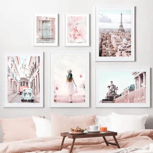 Flowers Peony Girl Car Paris Tower Tree Wall Art Canvas Painting Nordic Posters And Prints Wall Pictures For Living Room Decor