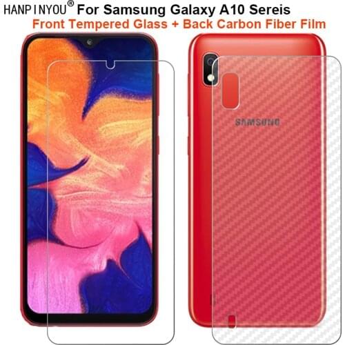 For Samsung Galaxy A10 A10e A10S 1 Set = Soft Back Carbon Fiber Film + Clear Premium Tempered Glass Front Screen Protector