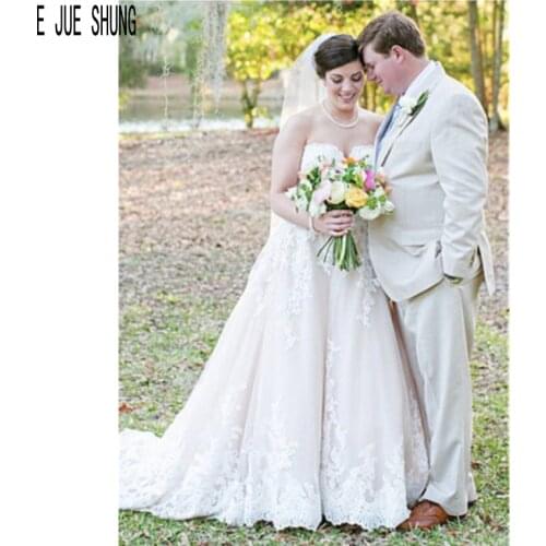 E JUE SHUNG Light Pink Wedding Dresses Sweetheart Backless A Line Bridal Gowns Lace Appliques Bride Dresses Robe De Mariee