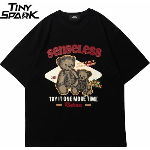 Hip Hop Bear Letter Printed Tshirt Streetwear Harajuku T-Shirt 2021 Mens Summer Cotton Loose Short Sleeve Tops Tees Black Shirt
