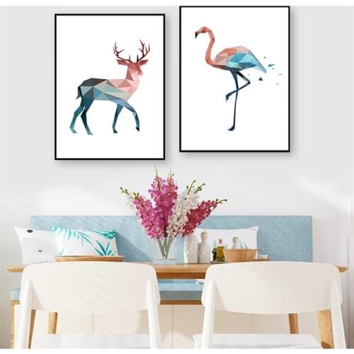 Deer Beer Crane Pictures Living Room Home Decor Nordic Pink and Blue Geometric Animals Posters Wall Art Canvas Paintings