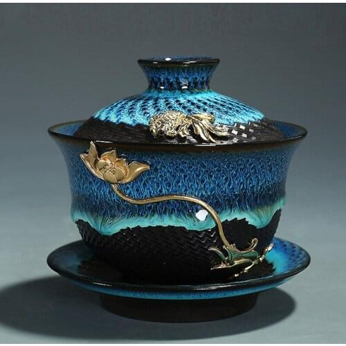 Chinese silver covered bowl tea cup large tea set glazed ceramic Japanese teacup handmade tureen teaware