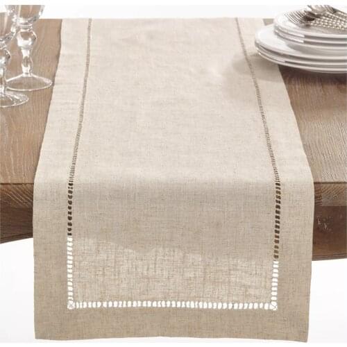 Camellia Casa]Classic Hemstitch Table Runner,Specially Treated Polyester,Linen Look & Washable Nature/White Color