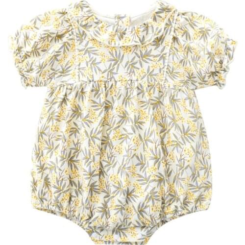 Summer Short Sleeve Newborn Baby Girls Bodysuits Printing Bamboo Leaves Infant Girls Jumpsuit Clothes