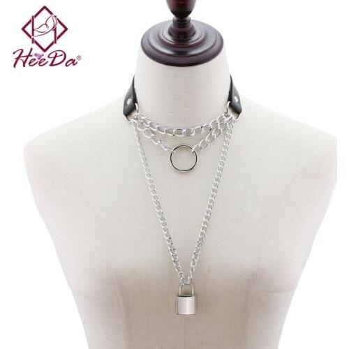 Kpop Personality Leather Layers Lock Pendant Necklace Women Goth Rock Party Neck Accessories New Halloween Punk Hiphop Jewelry