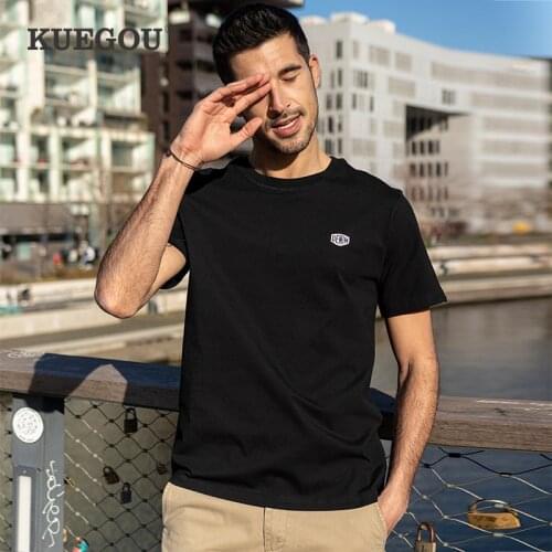 KUEGOU 100% Cotton Basic Tee Men T-shirt Short Sleeve Summer Solid Tshirt High Quality Letter Embroidery Top Plus Size ZT-90003