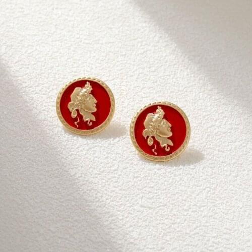 ALLNEWME Minimalist Round Head Portrait Coin Pendant Earrings for Women Ladies Red Color Enamel Alloy Earrings Accessories