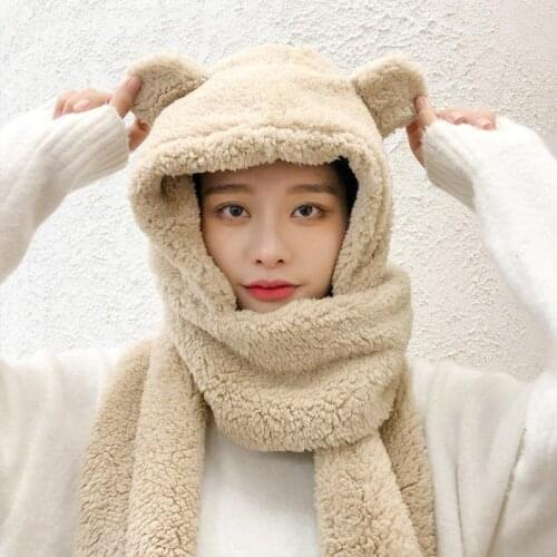 2021 Fashion Winter Women Novelty Beanies Caps Cute Bear Ear Hat Hat Scarf Set Casual Plush Scarf One Piece Hat Femme Present