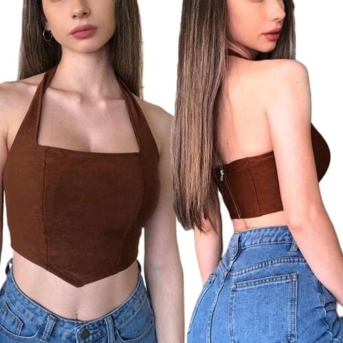 Solid Color Halter Camisole Womens Sexy Crop Tank Tops Female Sleeveless Zip Back Hanky Hem Camis Top Fashion Streetwear Tee