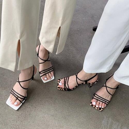 Leopard Women Sandals Narrow Band Open Toe Summer Sandals Slides Thin High Heels White Black Ankle Strap Elegant Dress Shoes