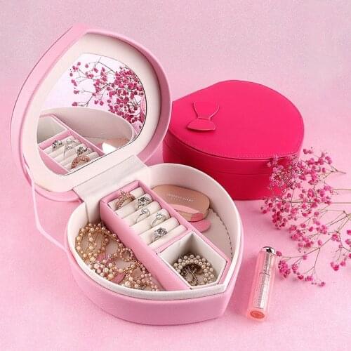 2021 Heart Shape Jewelry Box Portable Travel Women Jewel Organizer Case PU Leatrher Earrings Rings Display Storage with Mirror
