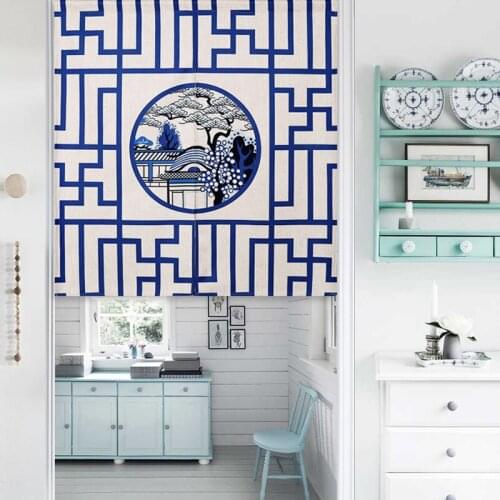 Modern Chinese Blue Landscape Geometric Linen Door Curtain Tree Flower Noren Study Home Decor Bedroom Kitchen Customizab Curtain