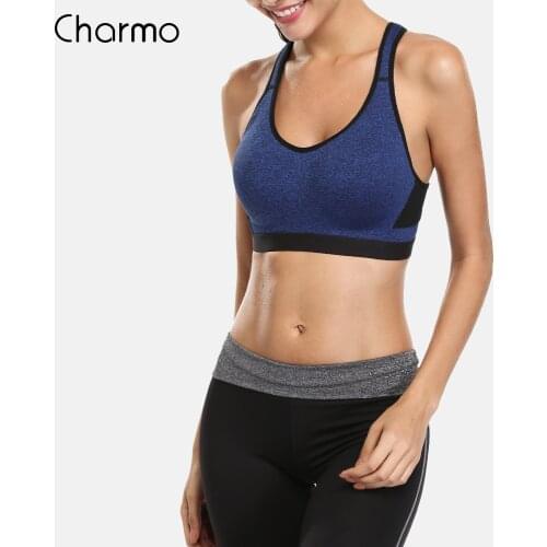 Charmo Women High Impact Sports Bra Solid Color Yoga Bra Gym Cross Backless Underwear Fitness Breathable Push Up Running Top