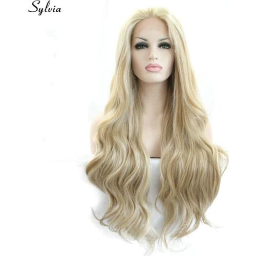 Sylvia blonde wig long replacement hair deep wave synthetic lace front wigs for white women girl ladies mix color heat resistant