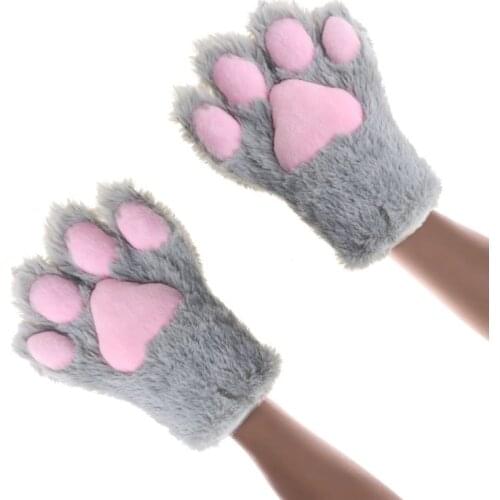 Japanese Women Girls Cute Bear Cat Paw Glove Winter Warm Thick Fluffy Plush Cartoon Animal Anime Lolita Cosplay Full Finger