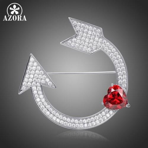 AZORA Heart Cut Red Cubic Zirconia Arrow Brooch Elegant Coat Brooches for Women Wedding Jewelry High Quality Fashion Pin TP0104