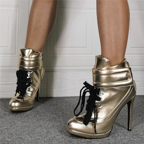 Shoes Woman Platform Gold Leather Ankle Boots High Heels Round Toe Sexy Female Dress Party Short Botas Spring Winter Footwear