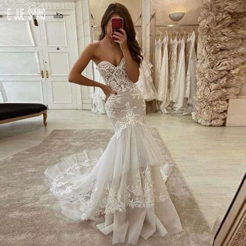 E JUE SHUNG Mermaid Beach Wedding Dresses Sweetheart Neck Lace Appliques Sleeveless Tulle Boho Bridal Dresses Vestidos De Novia