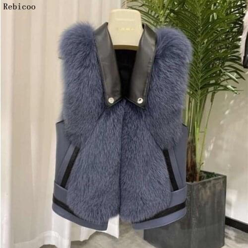 New Natural Fox Fur Vests Long Real Fox Fur Gilets Winter Waistcoats with Genuine Leather Rivet European Women Fur Jackets