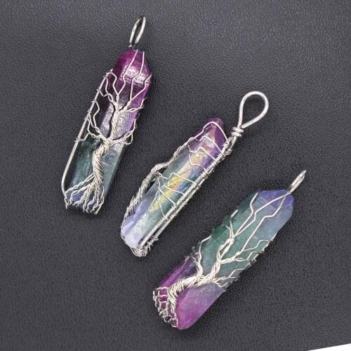 100-Unique 1 Pcs Silver Plated Wire Wrap Irregular Shape Colorful Rock Crystal Pendant Personalized Jewelry