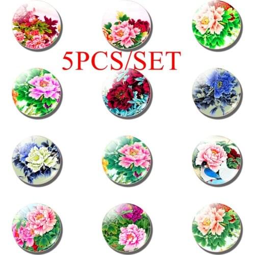 5PCS/SET Beautiful Peony Flower 25mm Round Glass Dome Jewelry Fashion Girl Gift Flower Language: Complete Affectionate Rich