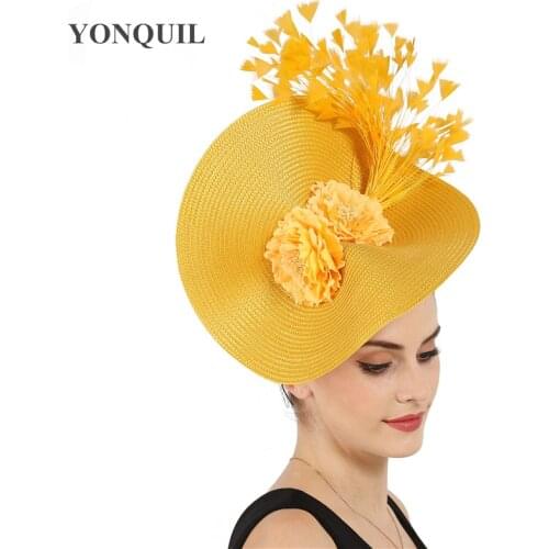 Yellow Big Derby Feather Hair Fascinator Accessories Bride Headwear Gorgeous Headpiece With Beautiful Flower Accessories Decor