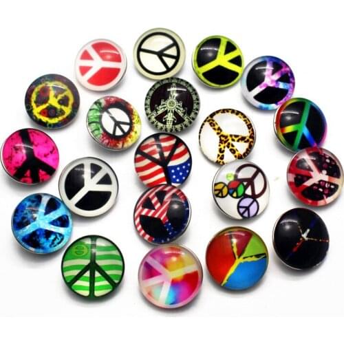 Hot selling 12pcs/lot glass peace symbol snap buttons 18mm leather clasp snap button Bangles snap bracelet jewelry