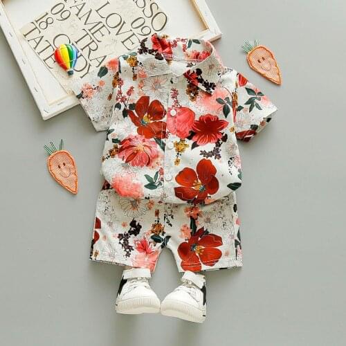 Boys summer short-sleeved flower shirt shorts suit childrens vacation beach wear casual pants tide European and American