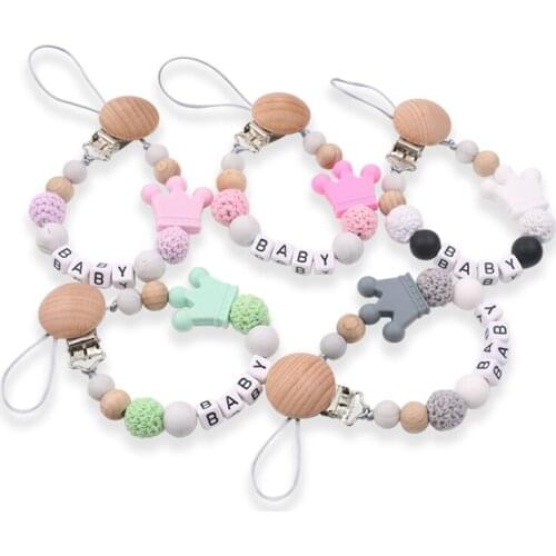 Cute Letters Crown Pacifier Clip Chain Food Grade Silicone Bead Newborns Teethers Pendant BPA Free Kids Teething Chew Toy Gift