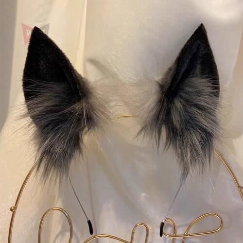 MMGG New Black Gray Cat Fox Ears Hairhoop Tail Headwear Beast Cosplay Costume Accessories for Girl Women Handmade Work