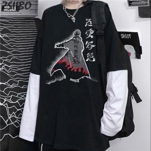 Anime Akatsuki Mens tshirt Unisex Harajuku Namikaze Minato Print Fake Two Piece t shirt Male Streetwear Cotton T-shirts Casual