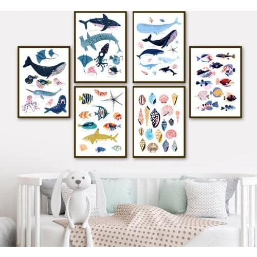 Marine Life Shark Whale Conch Nursery Wall Art Canvas Painting Nordic Posters And Prints Pictures for Baby Kids Room Decor