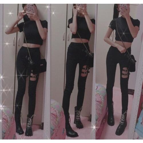 New Gothic Rock Punk Women Black Sexy Dancer Pants Female Trousers Elastic Hollow Out Skinny Pencil Pants