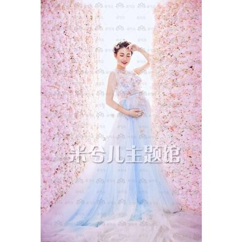 NEW Pregnant Maternity Women Photography Fashion Props Blue Flower Sleeveless Dress Romatic Fancy Baby Shower Free shipping