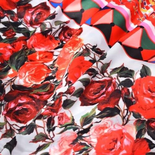 New The flower of fashion digital painting emulation silk elastic satin fabric for dress coat tissu au meter bright cloth DIY