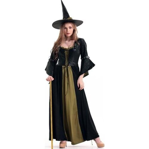 Fascinating New Halloween Witch Costume Adult Black Corset Vest and Fancy Dress Sorceress Cosplay Dress with Hat Outfits A416512