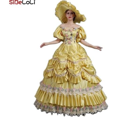 19th Century Southern Belle Dress Christmas Carnivale Gown Retro Baroque Yellow Fantasy Gowns