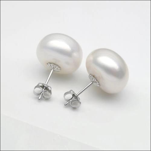 14K Solid White Gold 13-14MM White Genuine Freshwater Button Pearl Stud Earrings