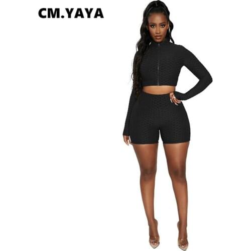 CM.YAYA Active Tracksuit Women Yoga Set Solid Waffle Zip Full Sleeve Crop Tops Ealstic Shorts 2 Two Piece Sets Sweatsuit Outfits
