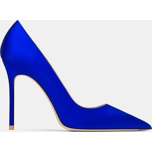 Free shipping fashion women pumps royal blue satin point toe high heels stiletto stripper shoes 10cm