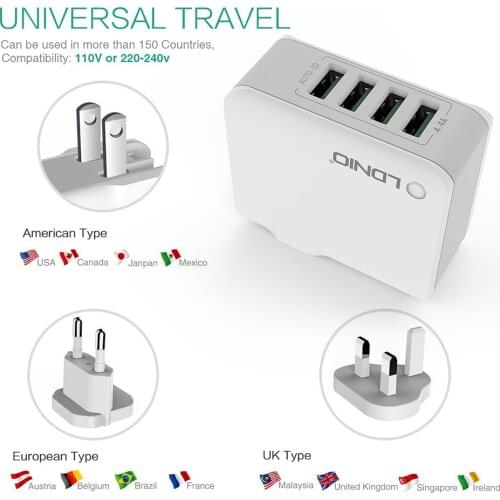 For LDNIO Adenium A4403 5V/4.4A 22W 4-Port Universal USB Wall Charger Fast Charge Adapter Travel Charger For Android IPhone