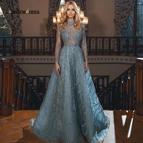 Evening Dress A Line High neck Long Sleeves Party Gowns Applique Beading Light Blue A-line Formal Vestidos de festa Muslim Dress