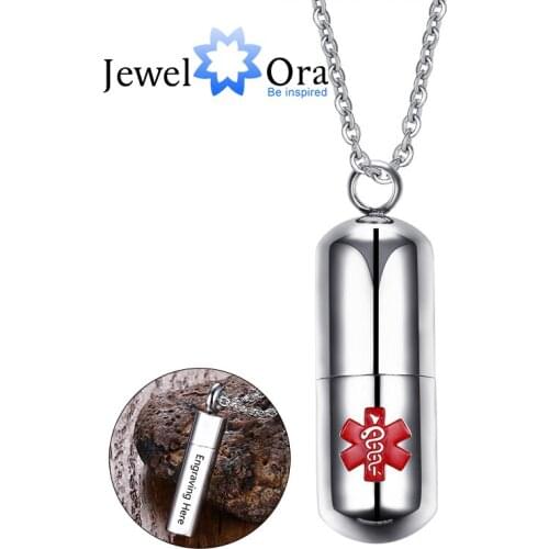 Rotate to Open Pill Shape Medical Alert ID Pendant Engraved Identity Stainless Steel Necklaces & Pendants (JewelOra NE102609)