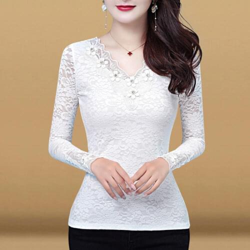 Womens Spring Autumn Style Lace Shirt Womens Solid Color Long Sleeve V-neck Embroidery Elegant Slim Tops SP8693