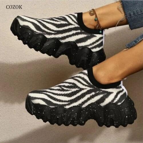 Women Platform Chunky Heels Sneakers Ladies Elastic Band Vulcanized Female Breath Footwear Woman Casual Lace Up Shoes Plus Size