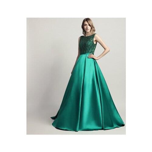 2019 Ball Gown Neck Sleeveless Beading Backless Women Formal Evening Gowns Long Emerald Green Evening Dress